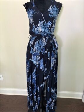 Navy Blue Floral Wrap Maxi Dress
